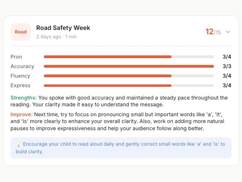 Diagnostic step 3 — English Reading Aloud scorecard showing a 12/15 score with dimension breakdowns and strengths/improve feedback