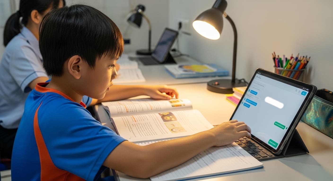 Photograph stimulus: A primary school student at a desk in an HDB flat study corner.